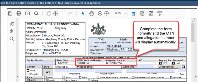 Displays the OTN and Allegation Number fields on the Written Allegation PDF.